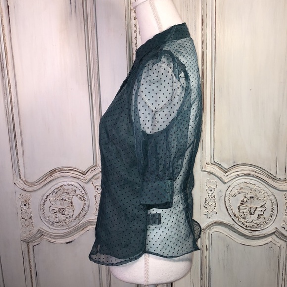 Haute Monde  Sheer Dotted Swiss Puffed Sleeve Button Down Blouse Size Small - Picture 6 of 11